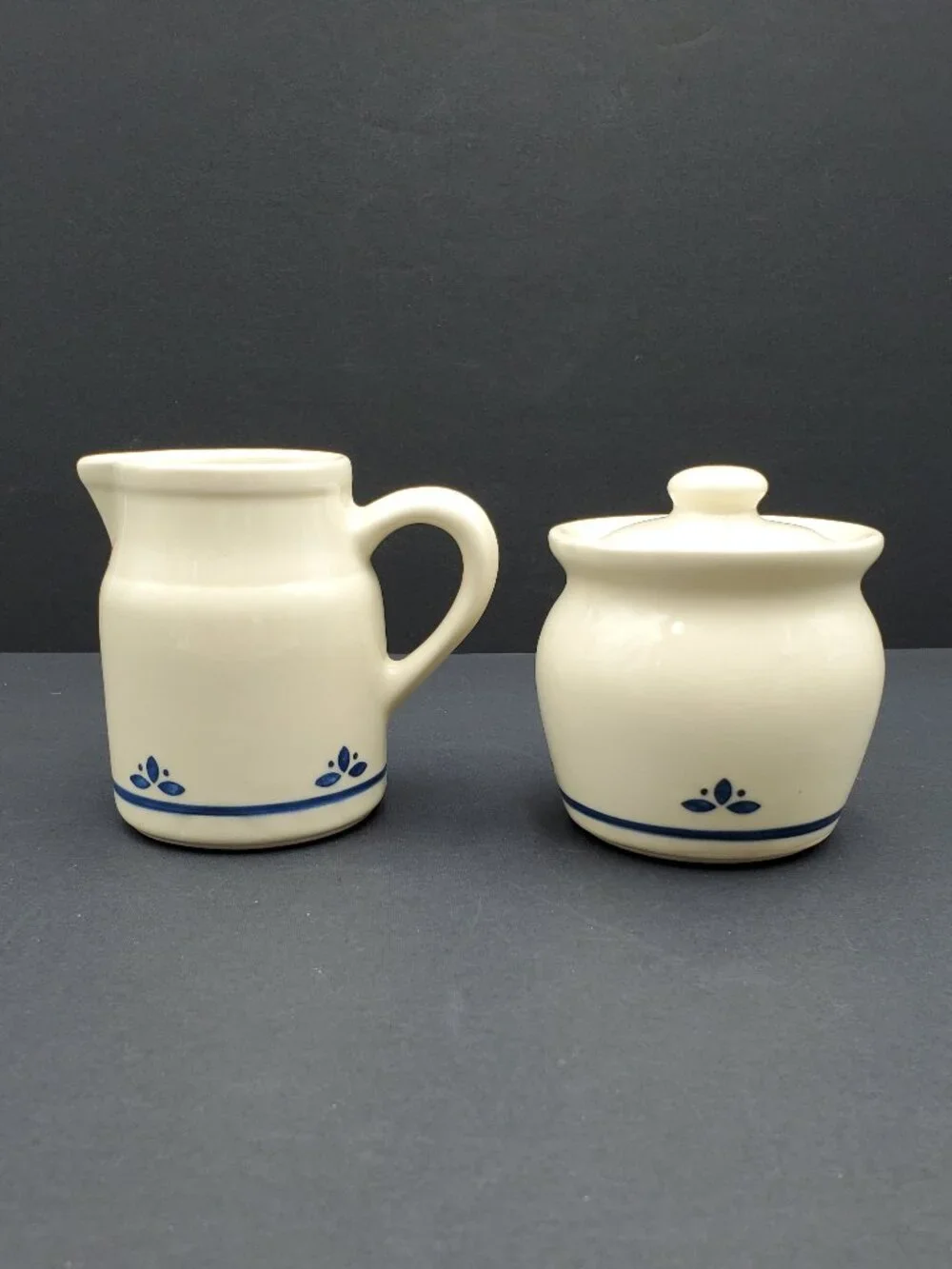 Friendship Pottery Roseville Ohio Blue Flowers Creamer & Sugar Bowl with Lid